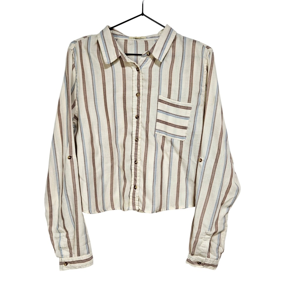 Love Notes Beige Striped Button Cropped Shirt XL Boho Coastal Beachy Top Earthy